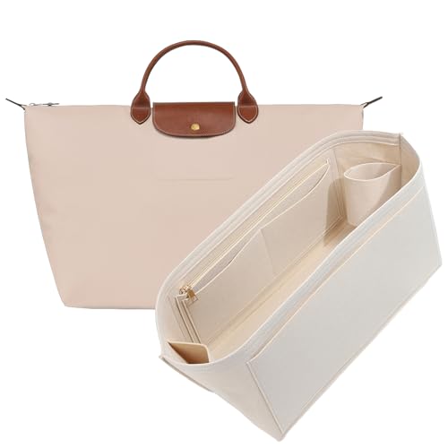 Purse Organizer Insert for Longchamp Le Pliage L Travel Tote Bag, Felt Lightweight Large Travel Tote Divider Shaper with Cup Holder,Zipper Bags Inner Linner with 9 Deepened Pockets,L/Beige - color: Beige, size: L Travel Bag