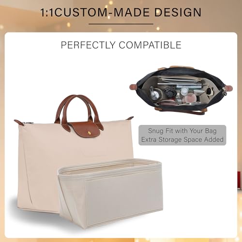 Purse Organizer Insert for Longchamp Le Pliage L Travel Tote Bag, Felt Lightweight Large Travel Tote Divider Shaper with Cup Holder,Zipper Bags Inner Linner with 9 Deepened Pockets,L/Beige - color: Beige, size: L Travel Bag