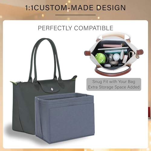 Purse Organizer Insert for Longchamp Le Pliage L Tote Bag, Felt Lightweight Long Champ Large Tote Divider Shaper with Cup Holder,Zipper Bags Inner Linner with 8 Deepened Pockets,L/Grey - color: Grey, size: L Tote Bag (Long Handle)