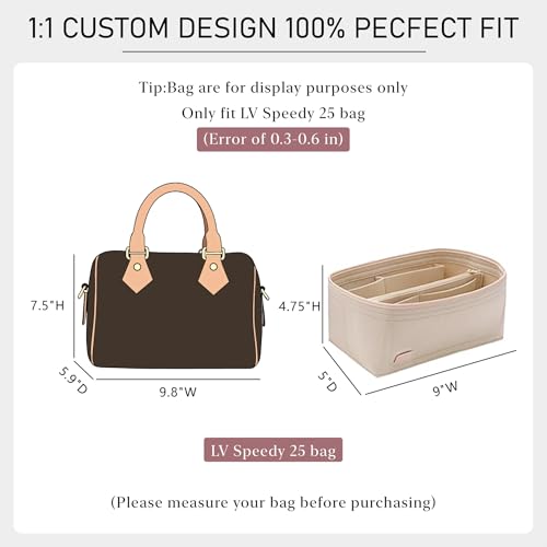 Purse Organizer Insert Compatible with LV Speedy 25 Bag Insert,Premium Felt Lightweight 25 Bag Organizer with Base Shaper, Tote Handbag Inner Divider Purse Accessories with Zipper Pocket,Beige - color: Beige, size: Speedy 25