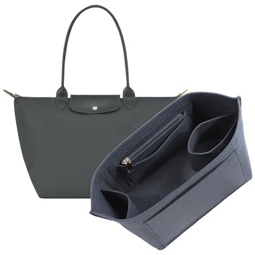 Purse Organizer Insert for Longchamp Le Pliage L Tote Bag, Felt Lightweight Long Champ Large Tote Divider Shaper with Cup Holder,Zipper Bags Inner Linner with 8 Deepened Pockets,L/Grey - color: Grey, size: L Tote Bag (Long Handle)