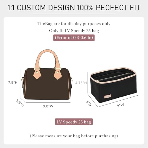 Purse Organizer Insert Compatible with LV Speedy 25 Bag Insert,Premium Felt Lightweight 25 Bag Organizer with Base Shaper, Tote Handbag Inner Divider Purse Accessories with Zipper Pocket,Black - color: Black, size: Speedy 25
