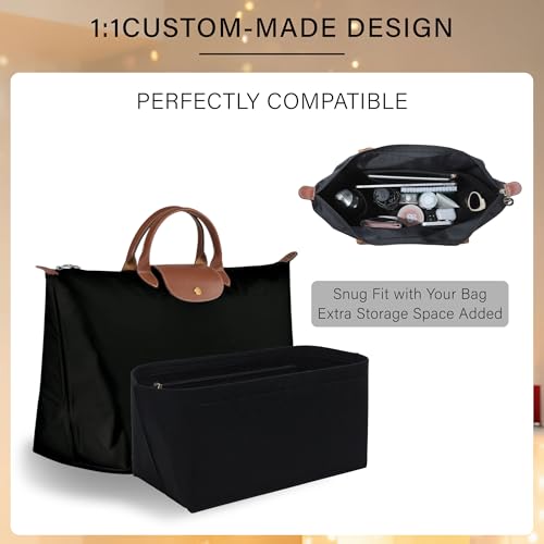 Purse Organizer Insert for Longchamp Le Pliage L Travel Tote Bag, Felt Lightweight Large Travel Tote Divider Shaper with Cup Holder,Zipper Bags Inner Linner with 9 Deepened Pockets,L/Black - color: Black, size: L Travel Bag