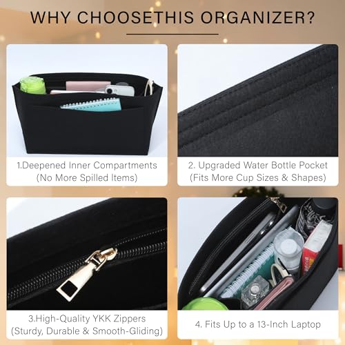 Purse Organizer Insert for Longchamp Le Pliage L Backpack, Felt Lightweight Long Champ Large Backpack Divider Shaper with Cup Holder,Zipper Bags Inner Linner with 8 Deepened Pockets,L/Black - color: Black, size: L Backpack
