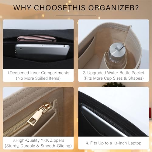 Purse Organizer Insert for Longchamp Le Pliage L Tote Bag, Felt Lightweight Long Champ Large Tote Divider Shaper with Cup Holder,Zipper Bags Inner Linner with 8 Deepened Pockets,L/Beige - color: Beige, size: L Tote Bag (Long Handle)