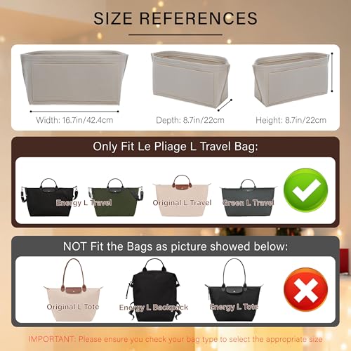 Purse Organizer Insert for Longchamp Le Pliage L Travel Tote Bag, Felt Lightweight Large Travel Tote Divider Shaper with Cup Holder,Zipper Bags Inner Linner with 9 Deepened Pockets,L/Beige - color: Beige, size: L Travel Bag