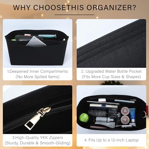 Purse Organizer Insert for Longchamp Le Pliage L Travel Tote Bag, Felt Lightweight Large Travel Tote Divider Shaper with Cup Holder,Zipper Bags Inner Linner with 9 Deepened Pockets,L/Black - color: Black, size: L Travel Bag