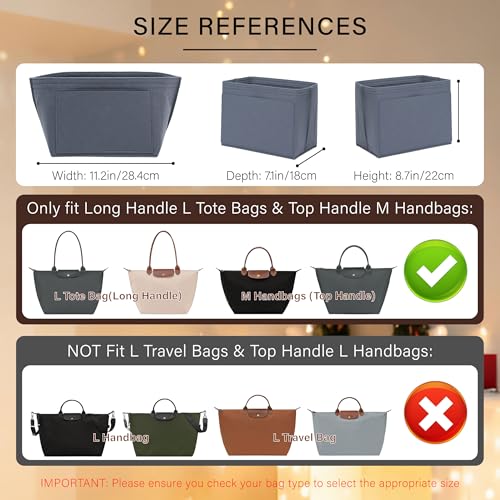 Purse Organizer Insert for Longchamp Le Pliage L Tote Bag, Felt Lightweight Long Champ Large Tote Divider Shaper with Cup Holder,Zipper Bags Inner Linner with 8 Deepened Pockets,L/Grey - color: Grey, size: L Tote Bag (Long Handle)