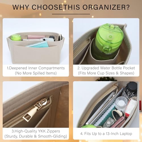 Purse Organizer Insert for Longchamp Le Pliage L Backpack, Felt Lightweight Long Champ Large Backpack Divider Shaper with Cup Holder,Zipper Bags Inner Linner with 8 Deepened Pockets,L/Beige - color: Beige, size: L Backpack