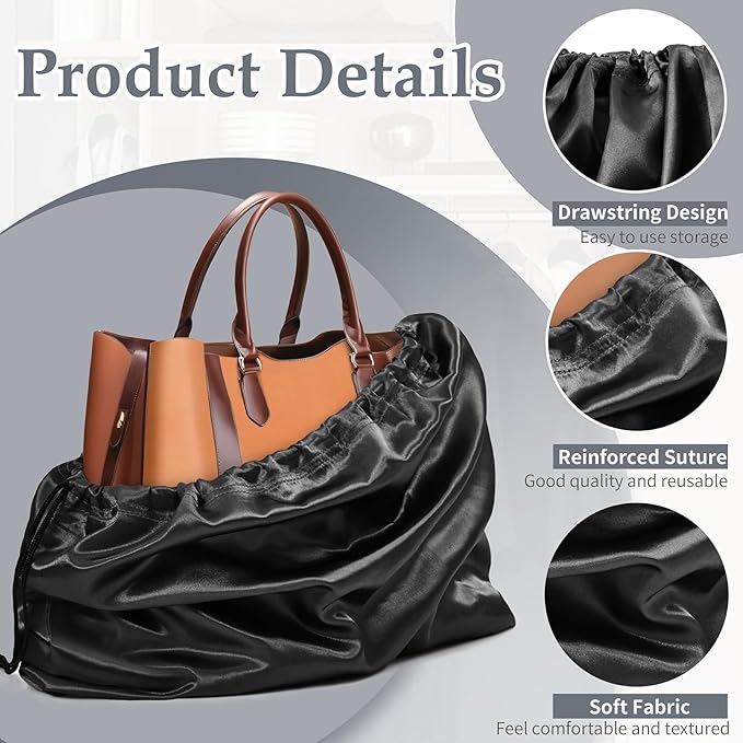 Ersmak 6 Pack Dust Bags for Handbags - Black Silk Dust Cover Bag for Purses Shoes - Satin Drawstring Dustproof Bags for Travel Storage - 19.7 x 15.7 In