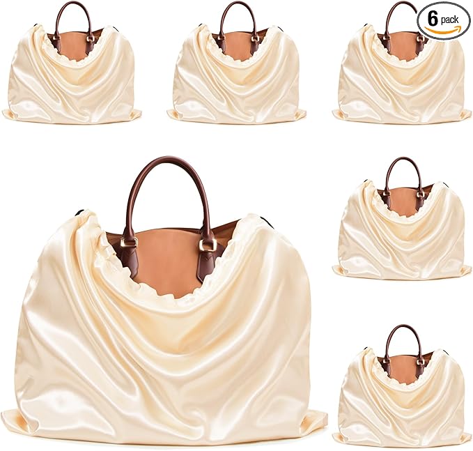 Ersmak 6 Pack Dust Bags for Handbags - Beige Silk Dust Cover Bag for Purses Shoes - Satin Drawstring Dustproof Bags for Travel Storage - 23.6 x 19.7 In