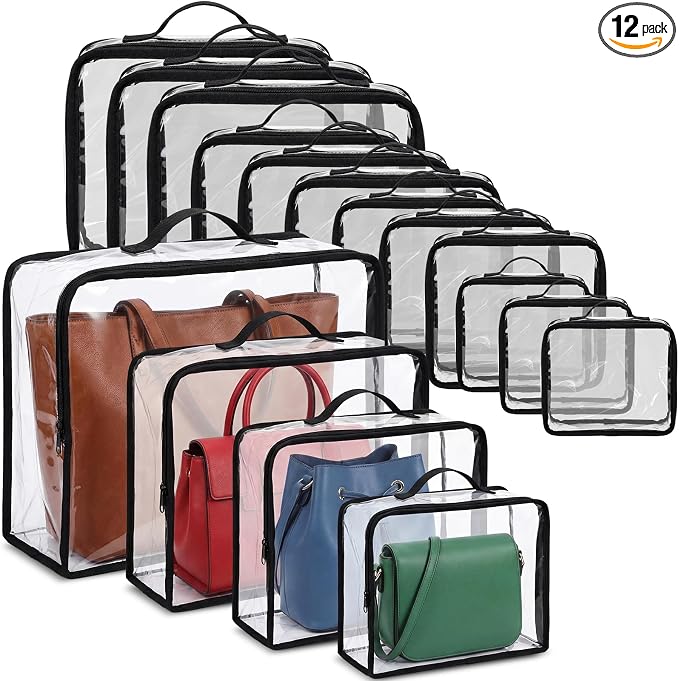 Hsei 12 Pcs Clear Dust Bags For Handbags 4-Sizes Fits Mini Wallets Oversized Tote Bags PVC Waterproof Purse Storage Organizers for Luxury Bag Soft Stand-Up with Zipper Handle for Closet Hanging