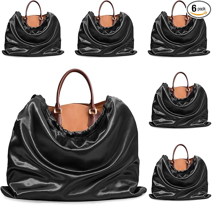 Ersmak 6 Pack Dust Bags for Handbags - Black Silk Dust Cover Bag for Purses Shoes - Satin Drawstring Dustproof Bags for Travel Storage - 19.7 x 15.7 In