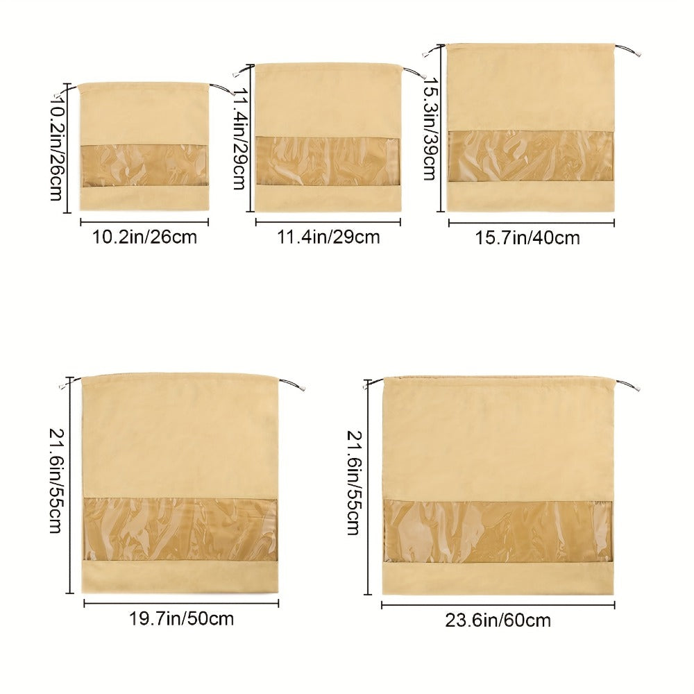 Travel Organizer Bag 5-Pack Handbag Dust Covers with Clear Windows, Drawstrings and Two Colors