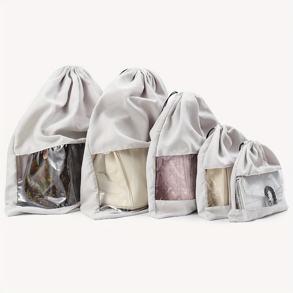 Travel Organizer Bag 5-Pack Handbag Dust Covers with Clear Windows, Drawstrings and Two Colors