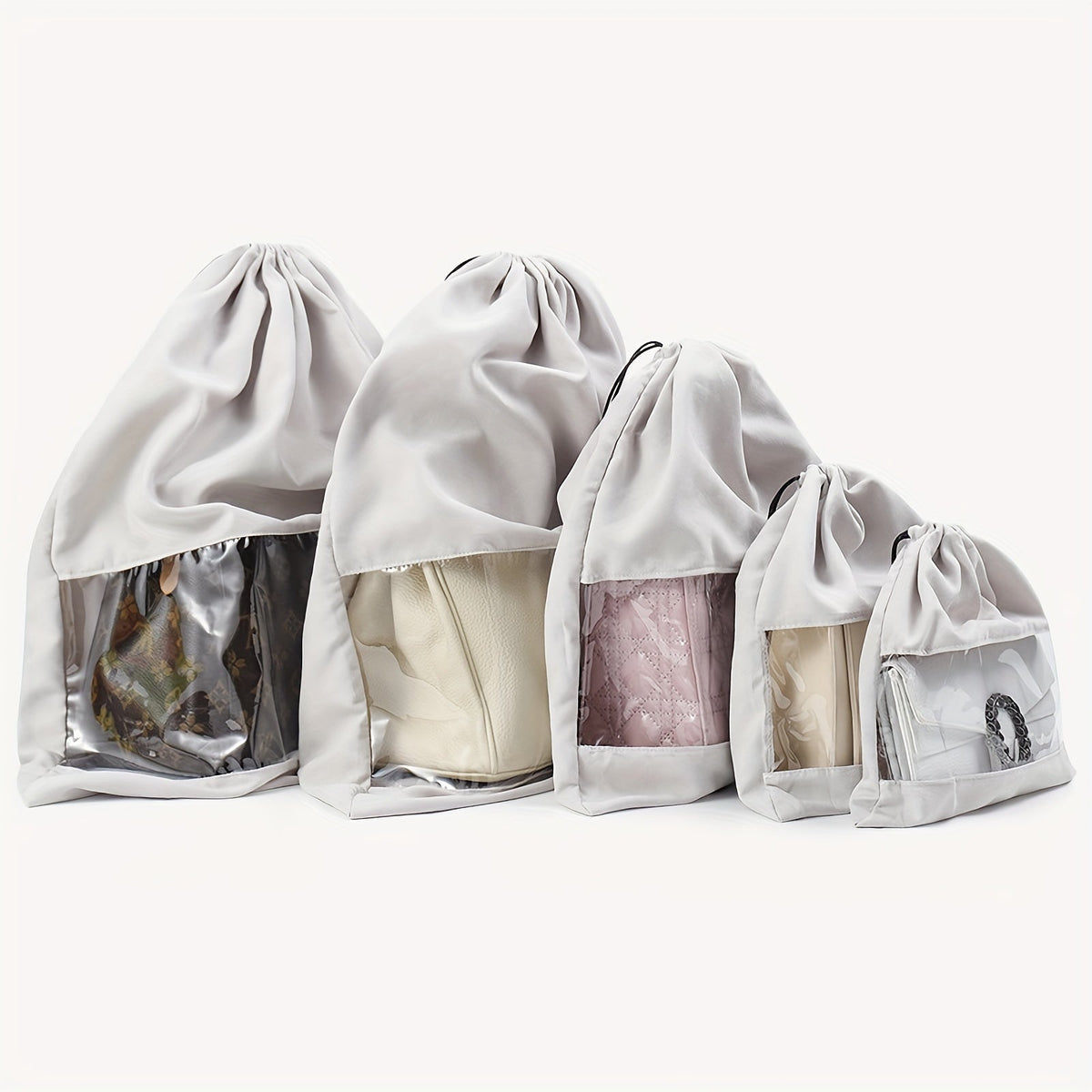 Travel Organizer Bag 5-Pack Handbag Dust Covers with Clear Windows, Drawstrings and Two Colors