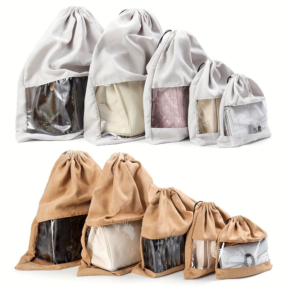 Travel Organizer Bag 5-Pack Handbag Dust Covers with Clear Windows, Drawstrings and Two Colors